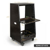 Sound Town SDRK-ST16TD | DIY Slanted 16U Studio Rack (8U Top + 8U Lower), with 2U Bottom Storage, Slide-Out Tray, Casters, Birch Plywood, Black Espresso - Size and Dimensions