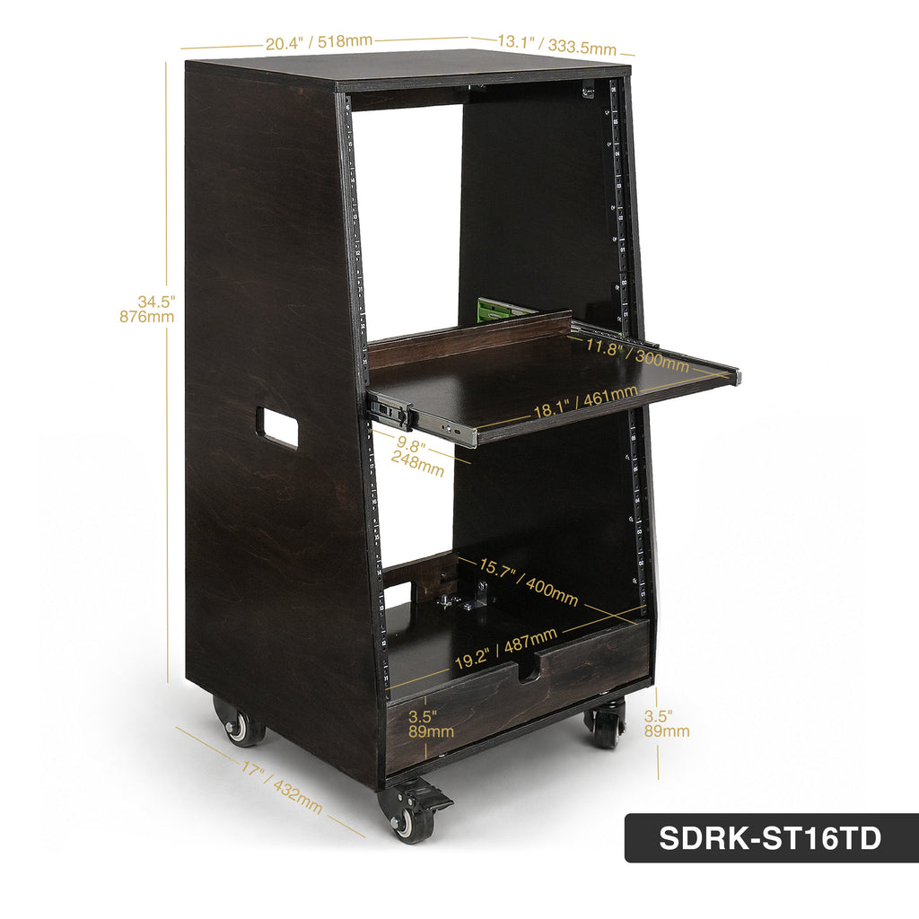 Sound Town SDRK-ST16TD | DIY Slanted 16U Studio Rack (8U Top + 8U Lower), with 2U Bottom Storage, Slide-Out Tray, Casters, Birch Plywood, Black Espresso - Size and Dimensions
