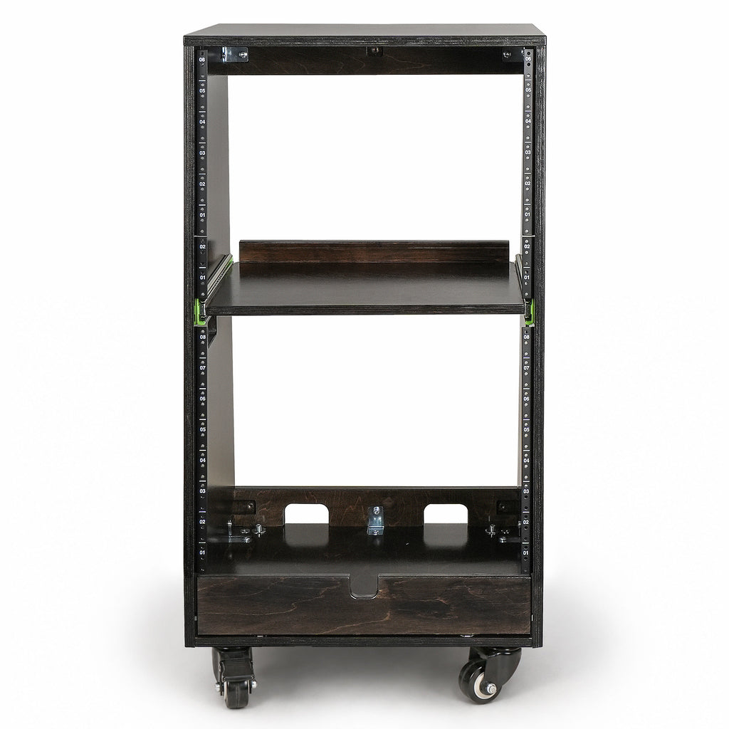 Sound Town SDRK-ST16TD | DIY Slanted 16U Studio Rack (8U Top + 8U Lower), with 2U Bottom Storage, Slide-Out Tray, Casters, Birch Plywood, Black Espresso - Front Panel