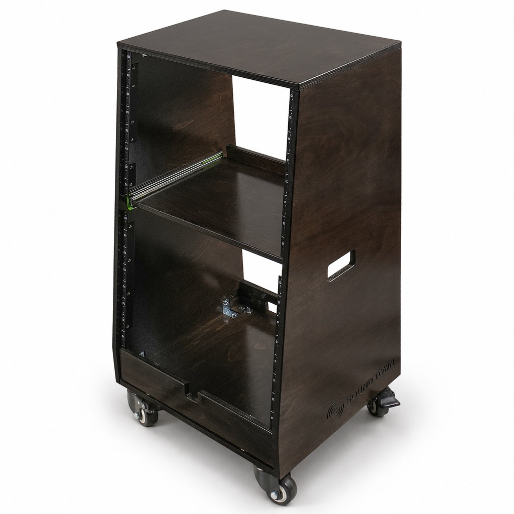 Sound Town SDRK-ST16TD | DIY Slanted 16U Studio Rack (8U Top + 8U Lower), with 2U Bottom Storage, Slide-Out Tray, Casters, Birch Plywood, Black Espresso - Left View