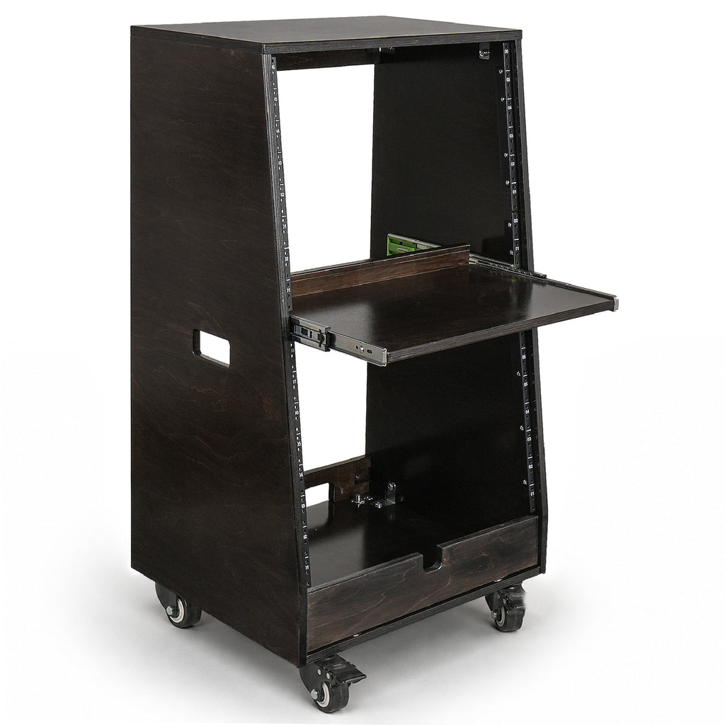Sound Town SDRK-ST16TD | DIY Slanted 16U Studio Rack (8U Top + 8U Lower), with 2U Bottom Storage, Slide-Out Tray, Casters, Birch Plywood, Black Espresso - Right View