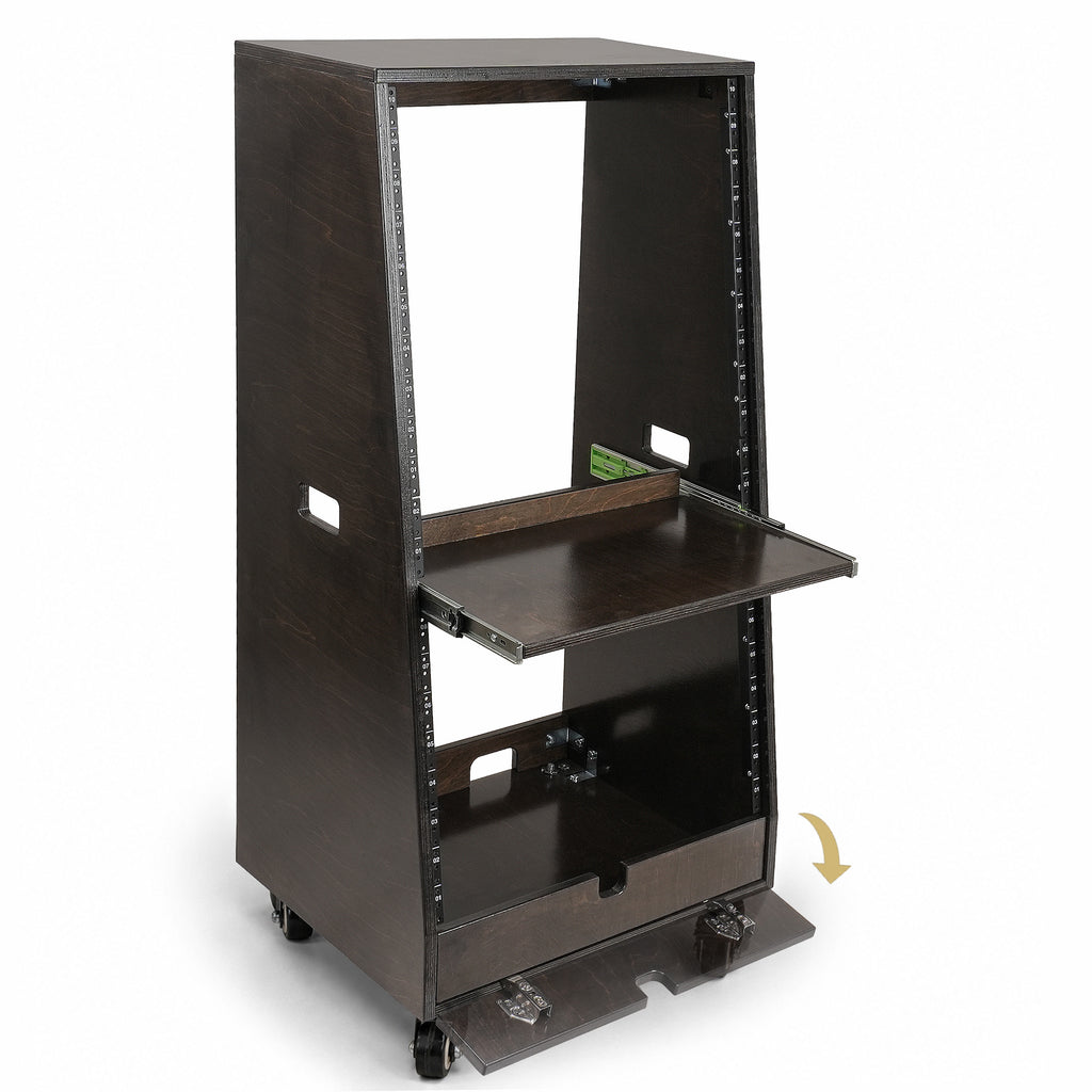 Sound Town SDRK-ST20TD | DIY Slanted 20U Studio Rack (12U Top + 8U Lower), with 2U Bottom Storage, Slide-Out Tray, Casters, Birch Plywood, Black Espresso - Accessory Compartment