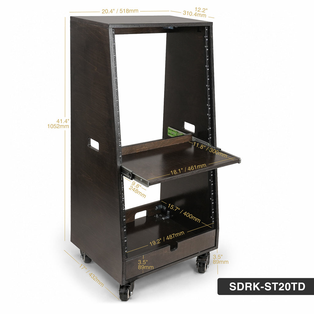Sound Town SDRK-ST20TD | DIY Slanted 20U Studio Rack (12U Top + 8U Lower), with 2U Bottom Storage, Slide-Out Tray, Casters, Birch Plywood, Black Espresso - Size and Dimensions