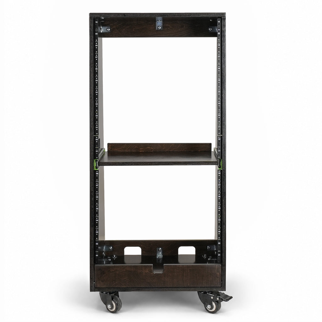 Sound Town SDRK-ST20TD | DIY Slanted 20U Studio Rack (12U Top + 8U Lower), with 2U Bottom Storage, Slide-Out Tray, Casters, Birch Plywood, Black Espresso - Front Panel