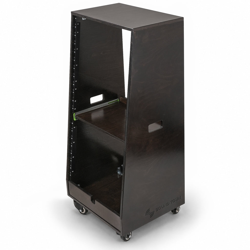 Sound Town SDRK-ST20TD | DIY Slanted 20U Studio Rack (12U Top + 8U Lower), with 2U Bottom Storage, Slide-Out Tray, Casters, Birch Plywood, Black Espresso - Left View