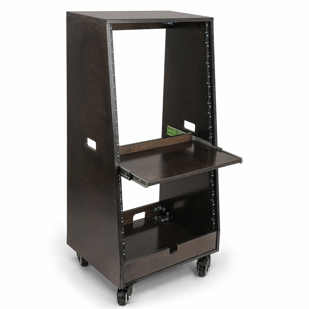 Sound Town SDRK-ST20TD | DIY Slanted 20U Studio Rack (12U Top + 8U Lower), with 2U Bottom Storage, Slide-Out Tray, Casters, Birch Plywood, Black Espresso - Right View