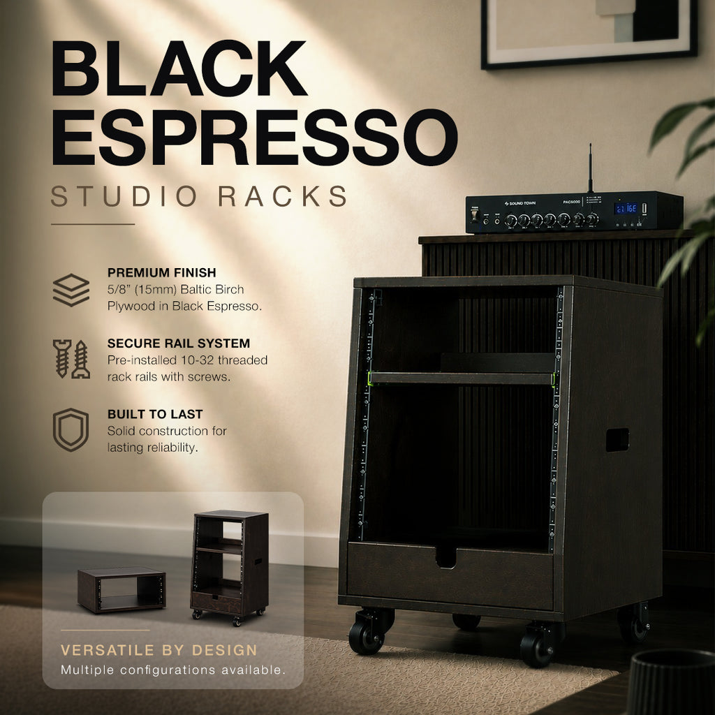 The Sound Town SDRK Series Black Espresso studio racks are available in desktop, workstation, and mobile configurations for recording studios, home studios, podcast studios, broadcast studios, music production, content creation, and audio production applications. Premium Baltic birch plywood construction, secure threaded rack rails, and furniture-inspired design provide durable rack-mounted equipment storage, organized cable management, and a clean, professional workspace.