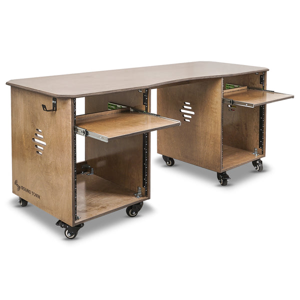 Sound Town SDRK-WS69 | DIY Music Studio Desk Workstation Furniture with 2 X 13U Side Cabinets, Two Slide-Out Trays, Casters, Plywood, Weathered Brown-Right Angle 