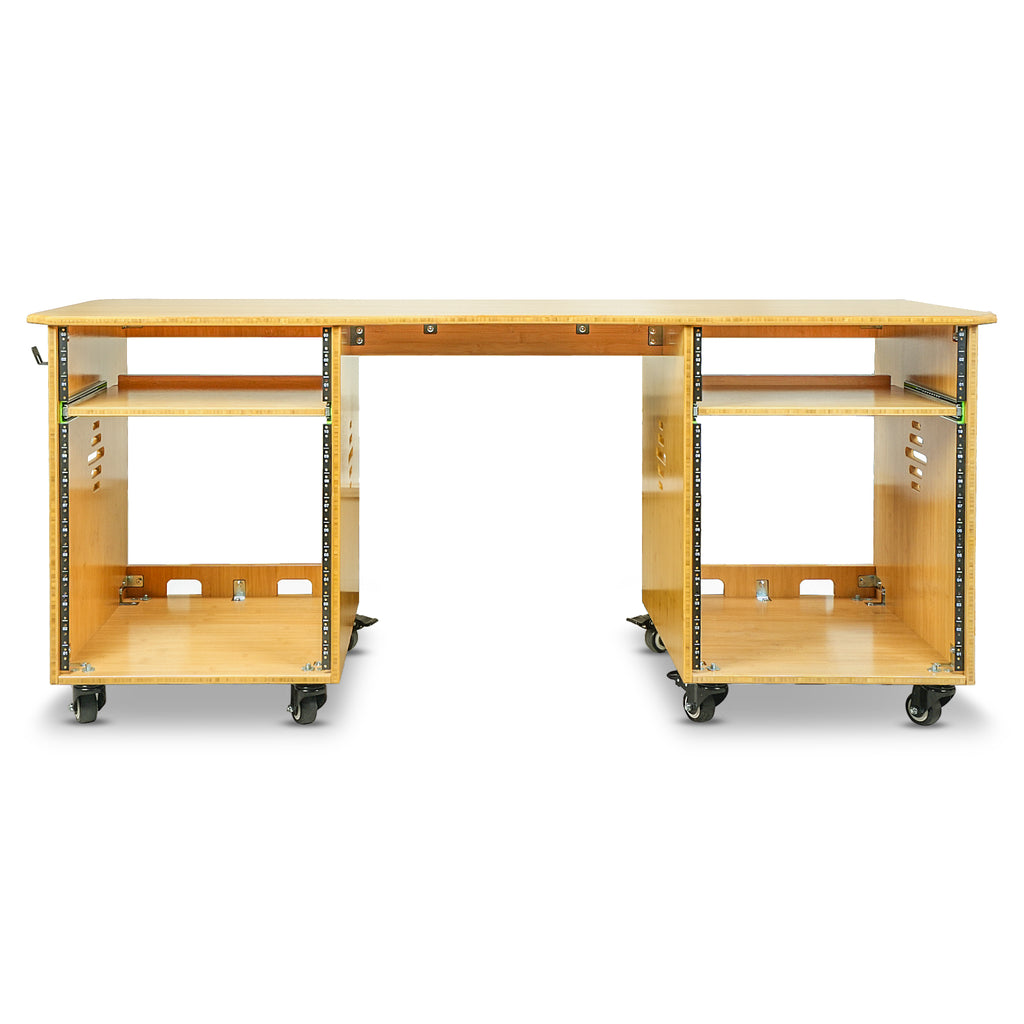 Sound Town SDRK-WS69CB | Studio Desk Workstation with Dual 13U Side Rack Cabinets, Slide-Out Trays, Casters, for Recording Rooms & Home, Solid Carbonized Bamboo - Front View 