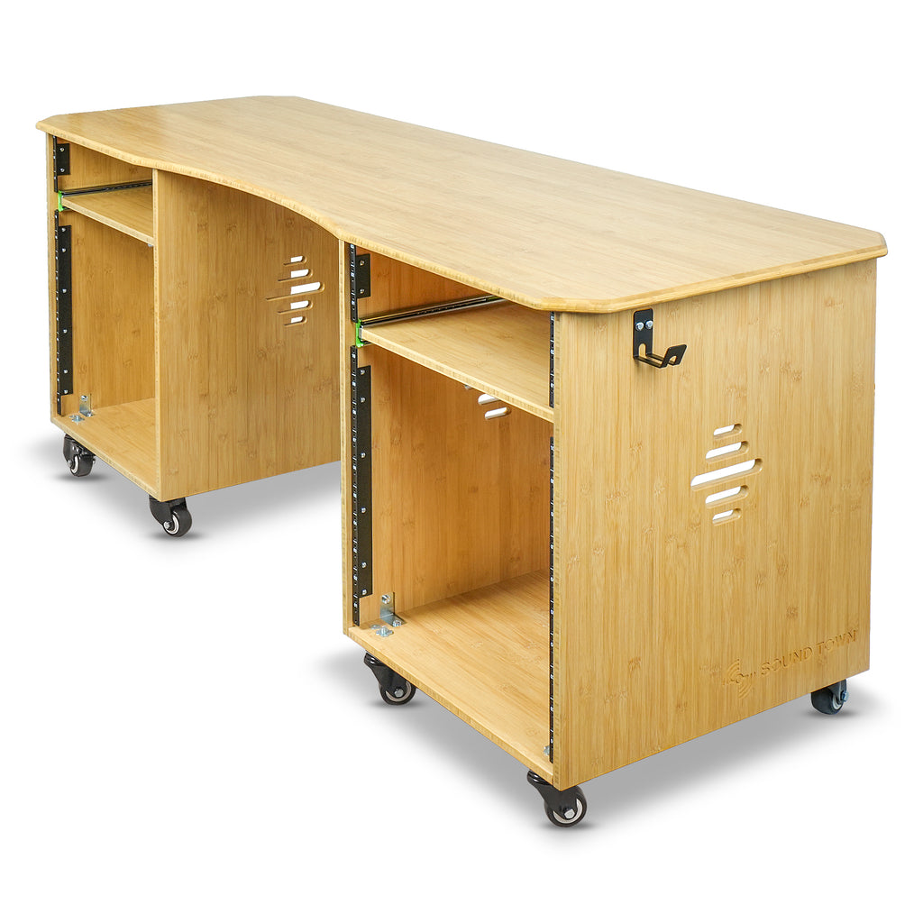 Sound Town SDRK-WS69CB | Studio Desk Workstation with Dual 13U Side Rack Cabinets, Slide-Out Trays, Casters, for Recording Rooms & Home, Solid Carbonized Bamboo - Left Side 