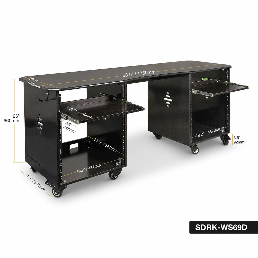 Sound Town SDRK-WS69D | DIY Studio Desk Workstation with Dual 12U Side Rack Cabinets, Slide-Out Trays, Locking Casters for Recording Rooms & Home, Black Espresso - Size and Dimensions