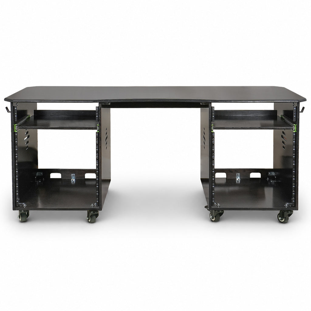 Sound Town SDRK-WS69D | DIY Studio Desk Workstation with Dual 12U Side Rack Cabinets, Slide-Out Trays, Locking Casters for Recording Rooms & Home, Black Espresso - Front Panel