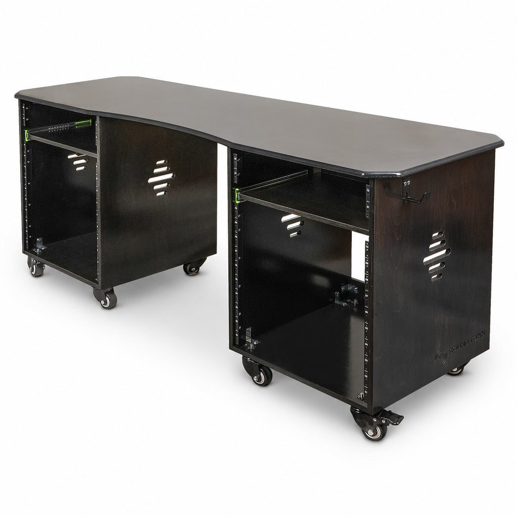 Sound Town SDRK-WS69D | DIY Studio Desk Workstation with Dual 12U Side Rack Cabinets, Slide-Out Trays, Locking Casters for Recording Rooms & Home, Black Espresso - Left View