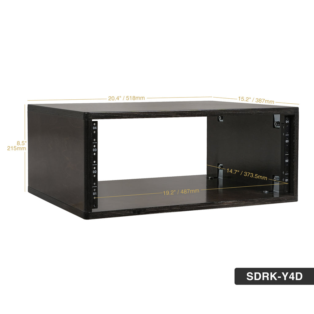 SDRK-Y4D | DIY 4U Desktop Studio Rack for Home Studio and Recording Room, Baltic Birch Plywood, Black Espresso - Size and Dimensions