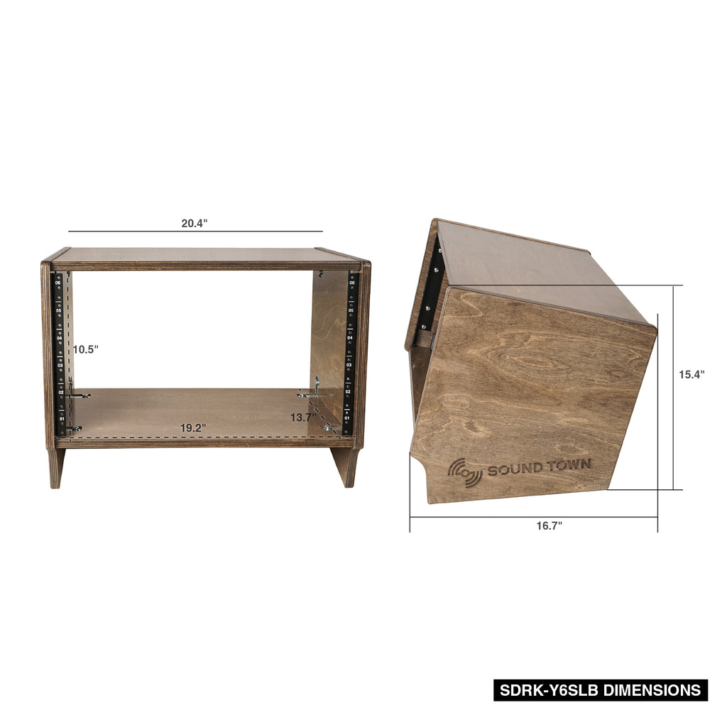 Sound Town SDRK-Y6SLB-R | REFURBISHED: DIY 6U Angled Desktop Turret Studio Rack with Baltic Birch Plywood, Weathered Brown, Assembly Required - Size & Dimensions