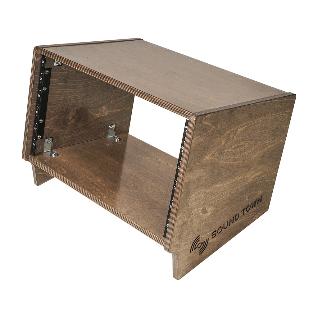 Sound Town SDRK-Y6SLB-R | REFURBISHED: DIY 6U Angled Desktop Turret Studio Rack with Baltic Birch Plywood, Weathered Brown, Assembly Required - Recording Room Devices
