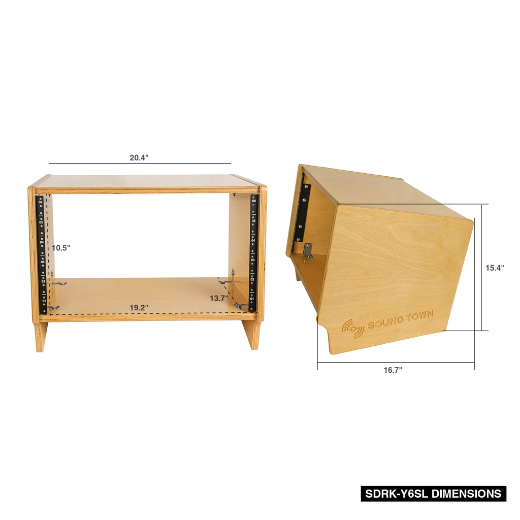 Sound Town SDRK-Y6SL DIY 6U Angled Desktop Turret Studio Rack with Baltic Birch Plywood, Golden Oak, Assembly Required - Size and Dimensions