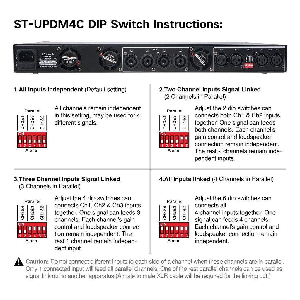 Sound Town ST-UPDM4C Ultra-Lightweight 1U 4-Channel PA/DJ Power Amplifier, 4 x 1400W at 4-ohm, Supports 4 & 8-ohm - DIP Switch Instructions