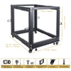 Sound Town ST4POF-A12U-R | REFURBISHED: 4-Post 12U Open Frame PA, Server, & Network Equipment Rack w/ Adjustable Depth 22"-40", Casters, Levelers, Cable Management - package contents, included in the box, size and dimensions, included accessories and screw size