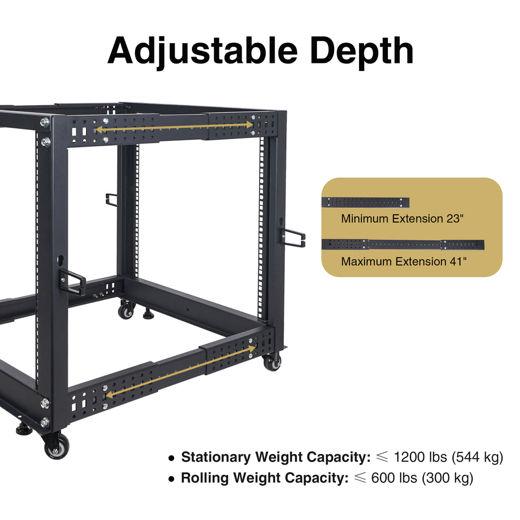 Sound Town ST4POF-A25U-R | REFURBISHED: 4-Post 25U Open Frame PA, Server & Network Equipment Rack w/ Adjustable Depth 22"-40", Casters, Levelers, Cable Management - Minimum Extensions23", Maximum Extension 41", Stationary Weight Capacity: Less than 1200 lbs, Rolling Weight Capacity: Less than 600 lbs