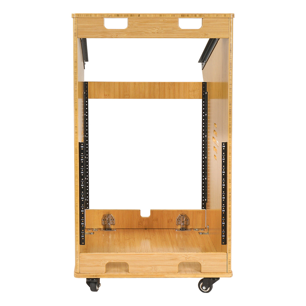 Sound Town STBR-M11X12 | DIY 12U Solid Carbonized Bamboo Studio Rack w/ 11U Top, 2U Bottom Storage, Casters, Rubber Feet,  for Recording Room, PA/DJ Equipment, Home-Audio - Back View with Grommet Cut Out Holes for Cable Management
