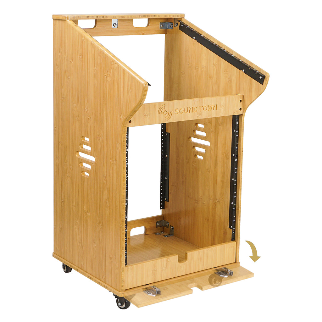 Sound Town STBR-M11X12 | DIY 12U Solid Carbonized Bamboo Studio Rack w/ 11U Top, 2U Bottom Storage, Casters, Rubber Feet,  for Recording Room, PA/DJ Equipment, Home-Audio - Flip Open Cover