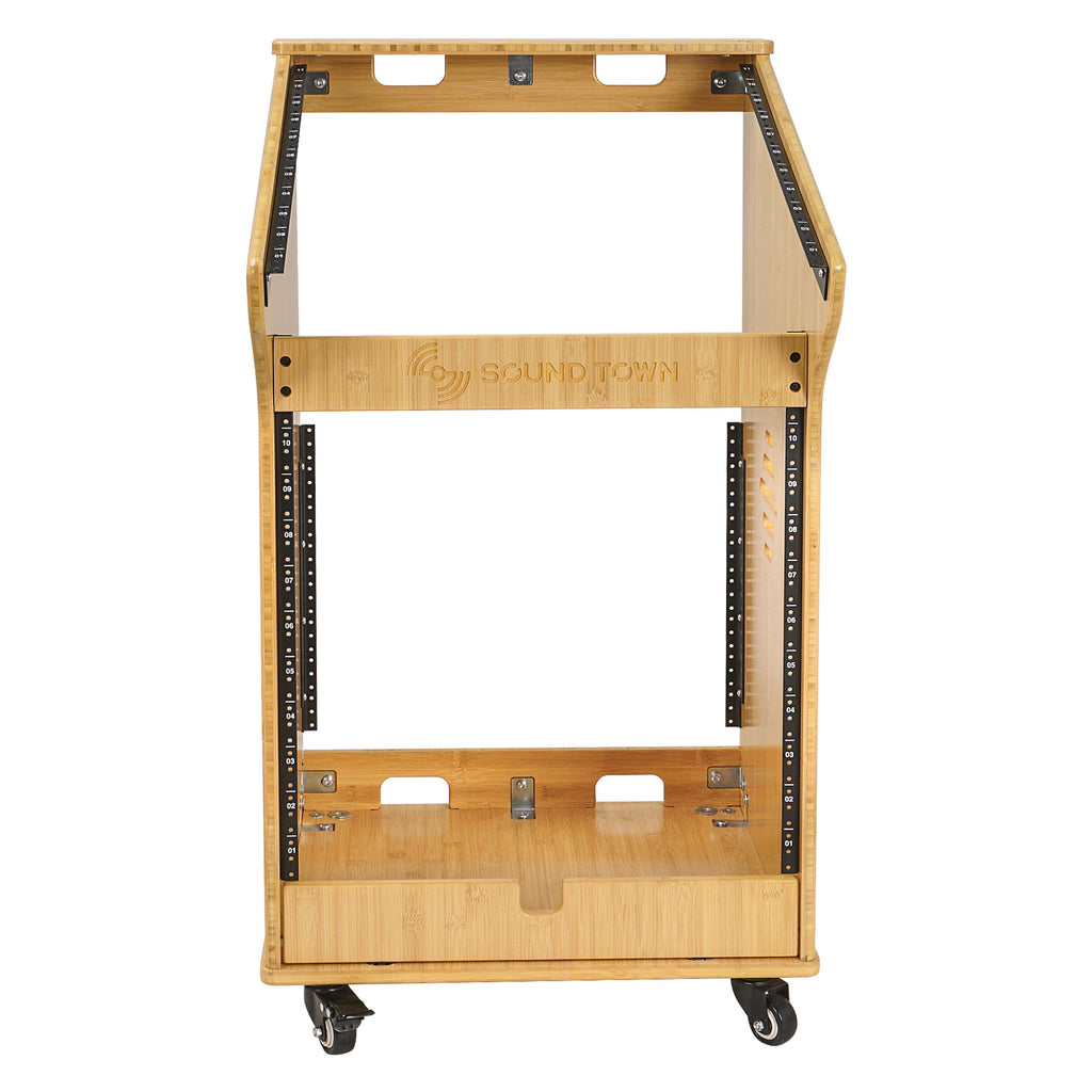 Sound Town STBR-M11X12 | DIY 12U Solid Carbonized Bamboo Studio Rack w/ 11U Top, 2U Bottom Storage, Casters, Rubber Feet,  for Recording Room, PA/DJ Equipment, Home-Audio - Front View 