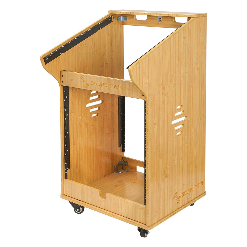 Sound Town STBR-M11X12 | DIY 12U Solid Carbonized Bamboo Studio Rack w/ 11U Top, 2U Bottom Storage, Casters, Rubber Feet,  for Recording Room, PA/DJ Equipment, Home-Audio - Left View 