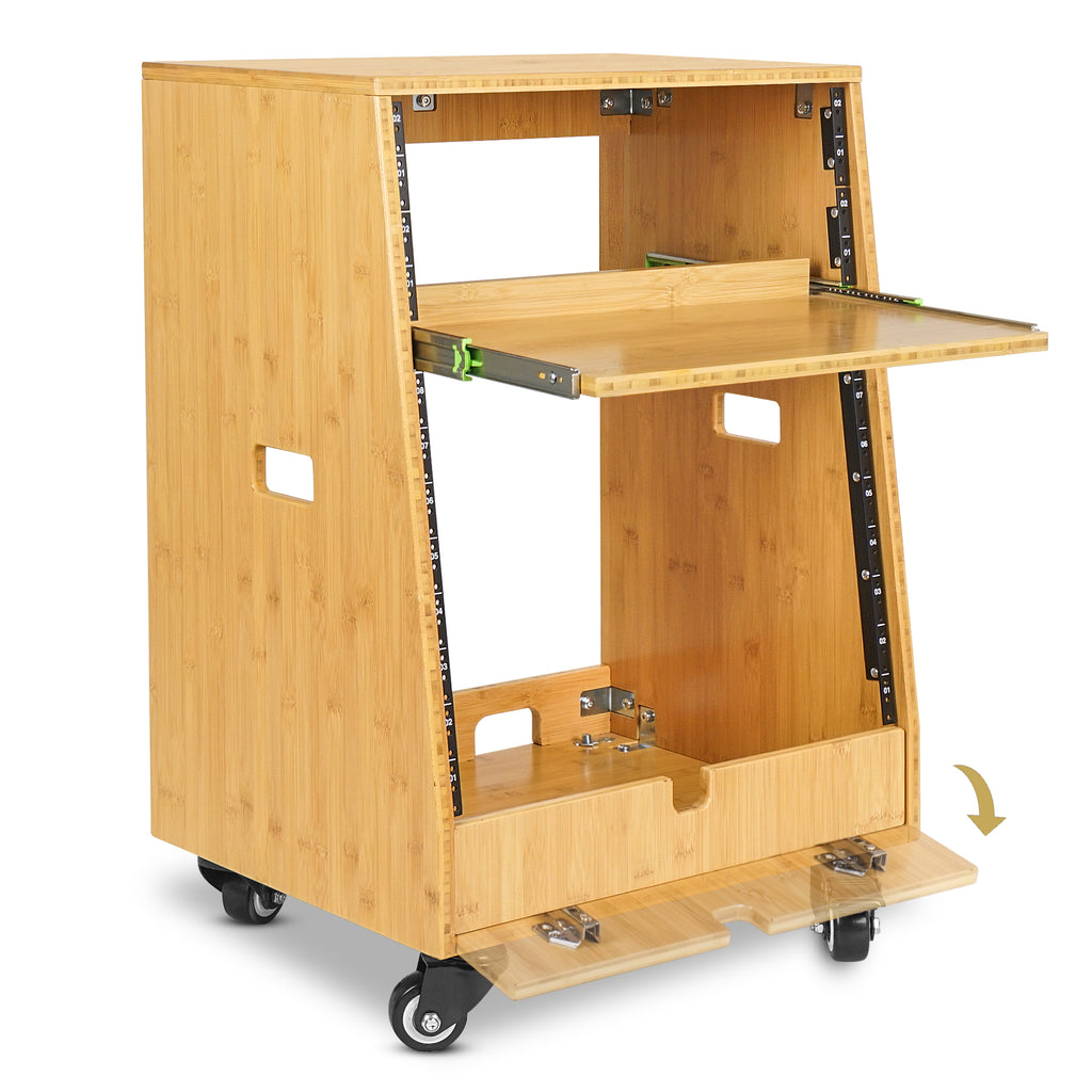 Sound Town STBR-ST12T-R | REFURBISHED: DIY Slanted-12U Studio Rack(4U Top + 8U Lower), w/2U Bottom Storage, Golden Oak-Flip-Open-Cover