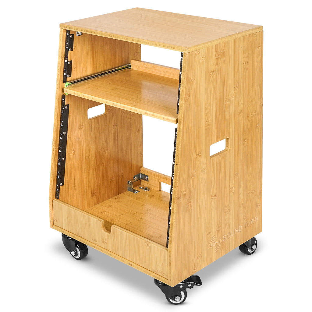 Sound Town STBR-ST12T-R | REFURBISHED: DIY Slanted-12U Studio Rack(4U Top + 8U Lower), w/2U Bottom Storage, Golden Oak-Left