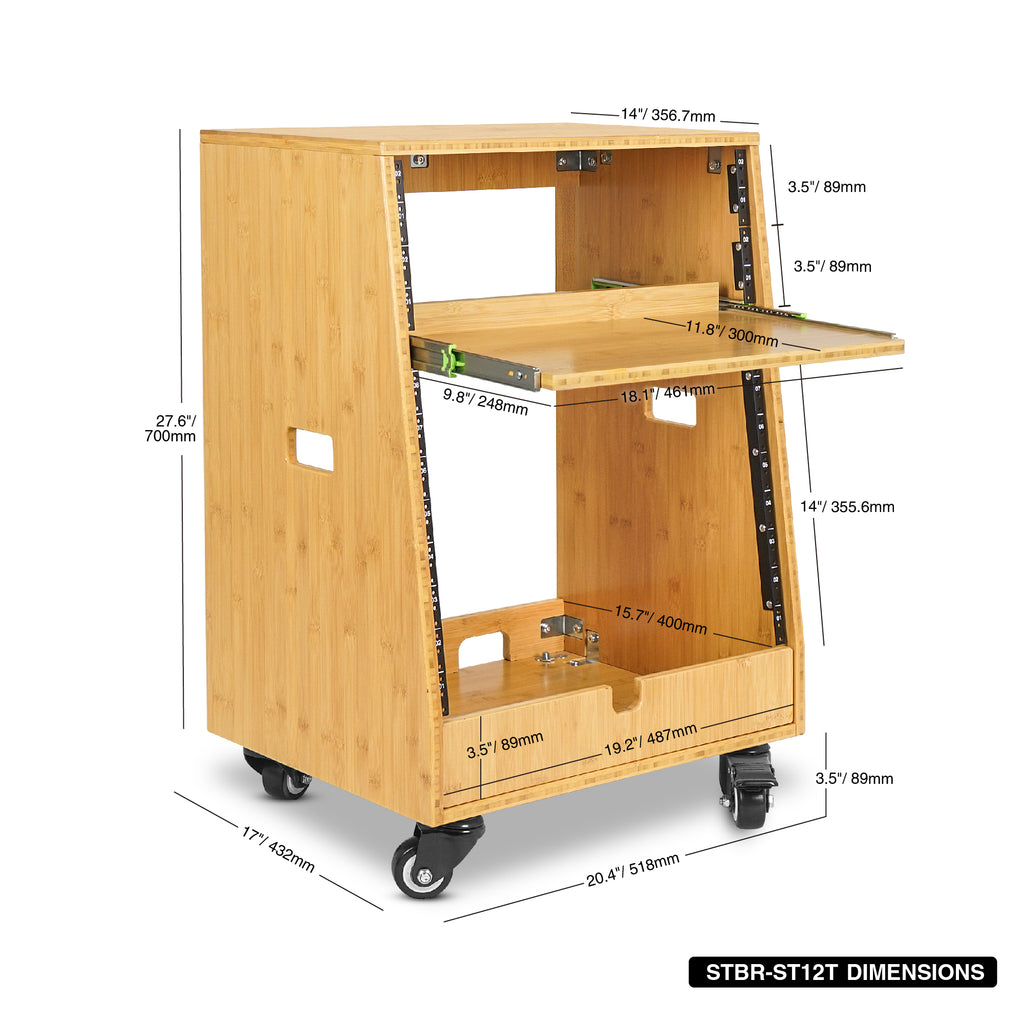 Sound Town STBR-ST12T-R | REFURBISHED: DIY Slanted-12U Studio Rack(4U Top + 8U Lower), w/2U Bottom Storage, Golden Oak-Dimensions