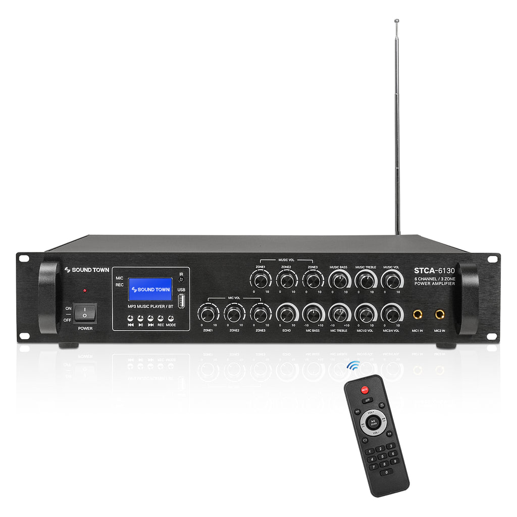 Sound Town STCA-6130-R | REFURBISHED: 3-Zone 6-Channel x 130W Low-Impedance Class-AB Commercial Power Amplifier w/ Bluetooth for Restaurants, Lounges, Bars, Schools, Warehouses-Front View