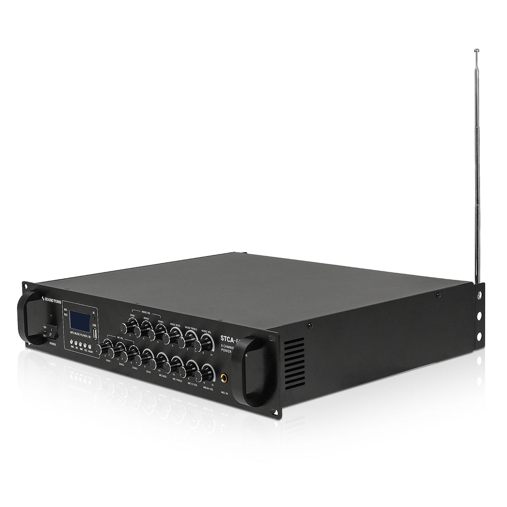 Sound Town STCA-6130-R | REFURBISHED: 3-Zone 6-Channel x 130W Low-Impedance Class-AB Commercial Power Amplifier w/ Bluetooth for Restaurants, Lounges, Bars, Schools, Warehouses-Left Angle 