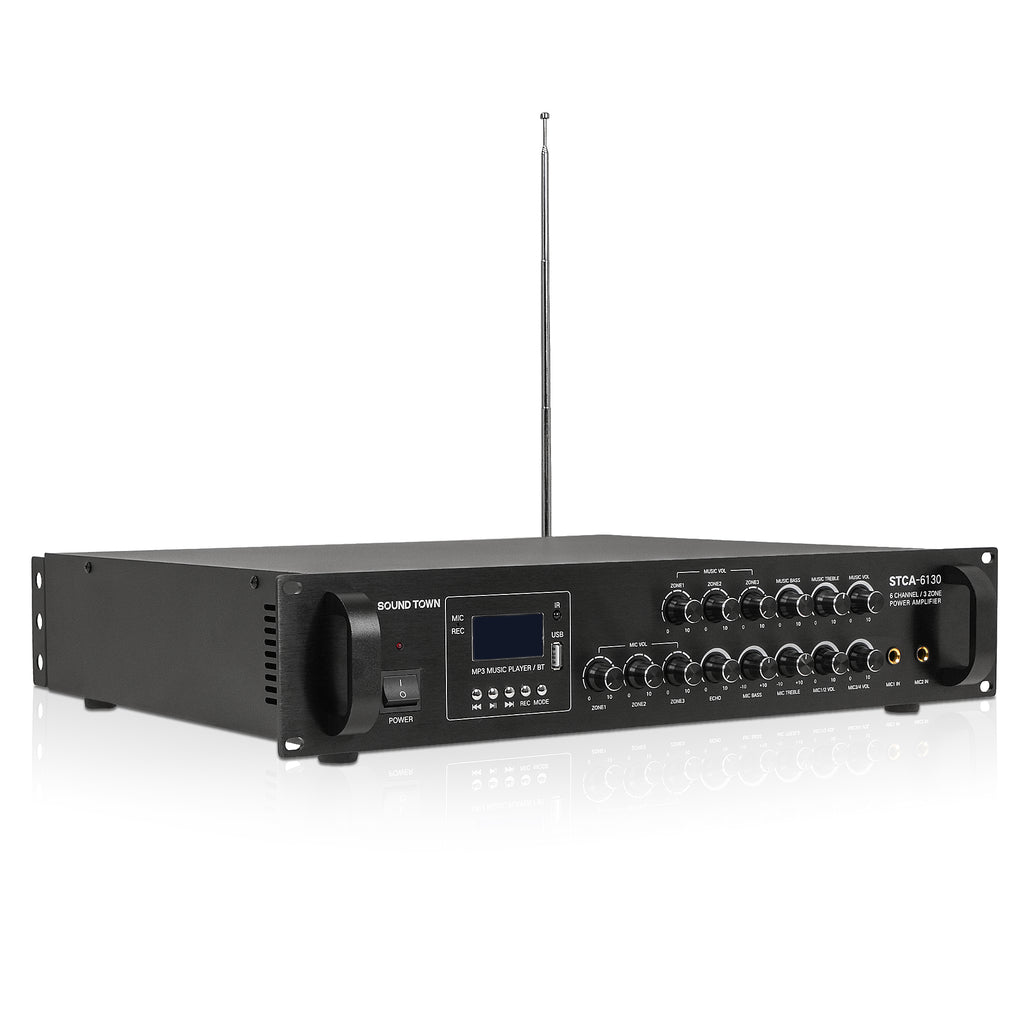 Sound Town STCA-6130 | 3-Zone 6-Channel x 130W Low-Impedance Class-AB Commercial Power Amplifier w/ Bluetooth for Restaurants, Lounges, Bars, Schools, Warehouses-Right Angle 