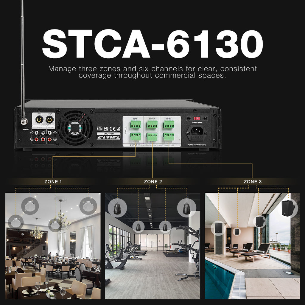Sound Town STCA-6130 | 3-Zone 6-Channel x 130W Low-Impedance Class-AB Commercial Power Amplifier w/ Bluetooth, Euroblock Input Connectors, for Restaurants, Gyms, Swimming Pools, Lounges, Bars, Schools, Warehouses & 4ohm or 8ohm Wall-Mount Speakers