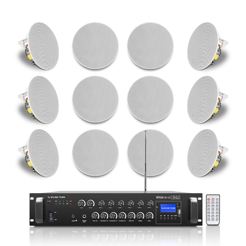 Sound Town STCA180X12CS6N | 6-Zone 70V/100V Commercial Bluetooth Amplifier and 12 x Two-Way 6.5“ In-Ceiling Speakers Set, For Restaurants, Bars, Schools, White