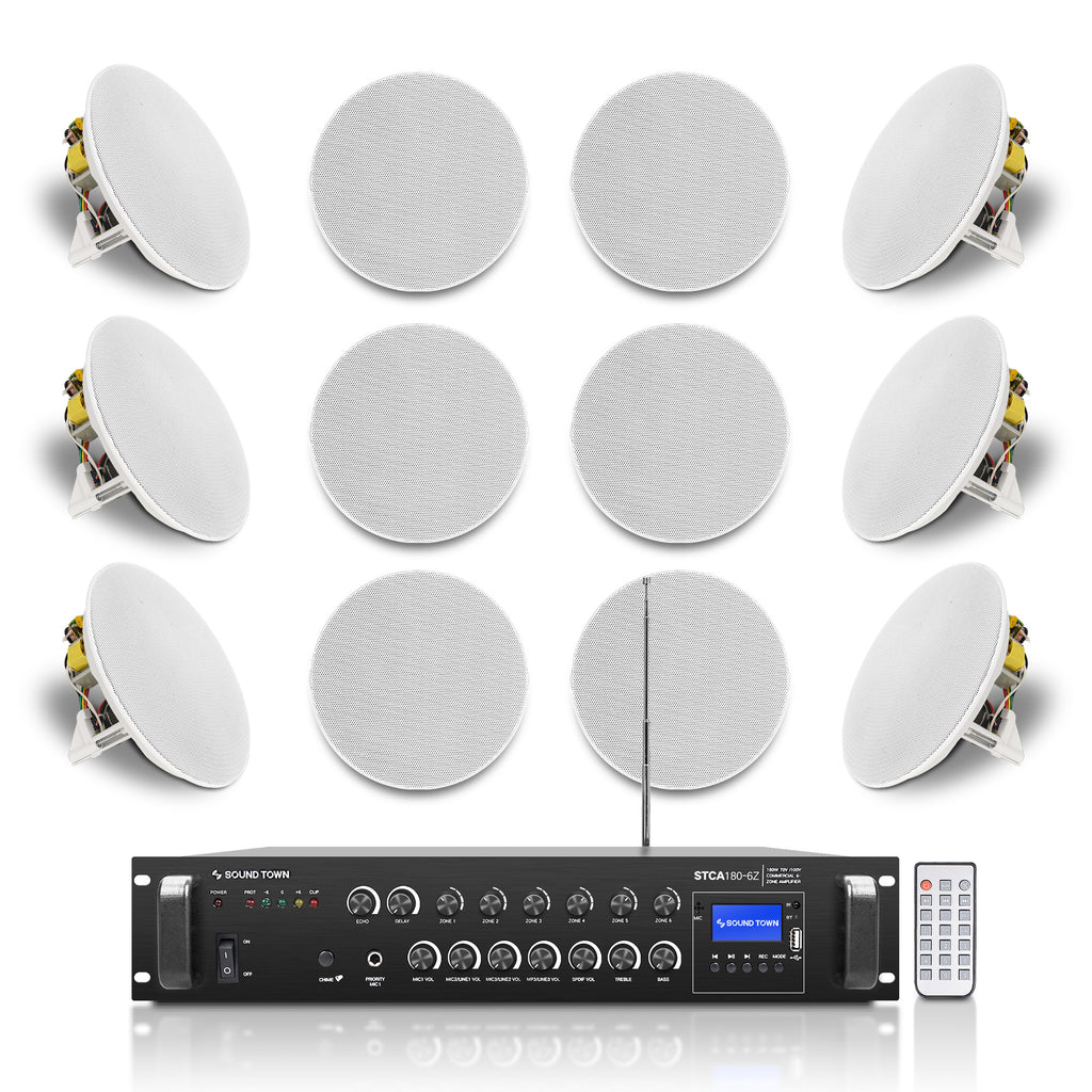 Sound Town STCA180X12CS8N | 6-Zone 70V/100V Commercial Bluetooth Amplifier and 12 x Two-Way 8-Inch In-Ceiling Speakers Set, For Homes, Restaurants, Schools, White