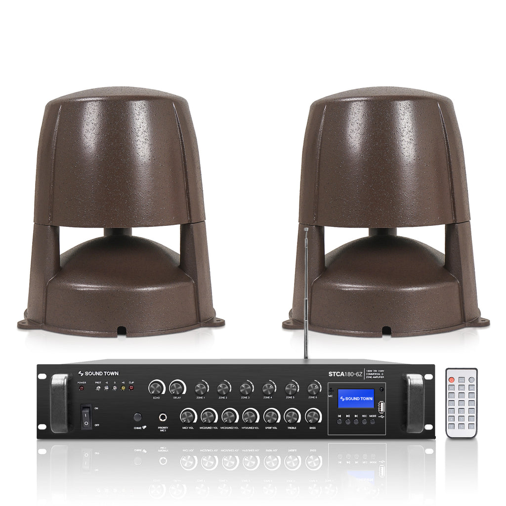 Sound Town STCA180X2OMNI62BR | Commercial Residential Outdoor Speaker Amplifier Set, w/ a 6-Zone 70V/100V Amplifier w/Bluetooth, Two 6.5“ Omni Speakers, Brown