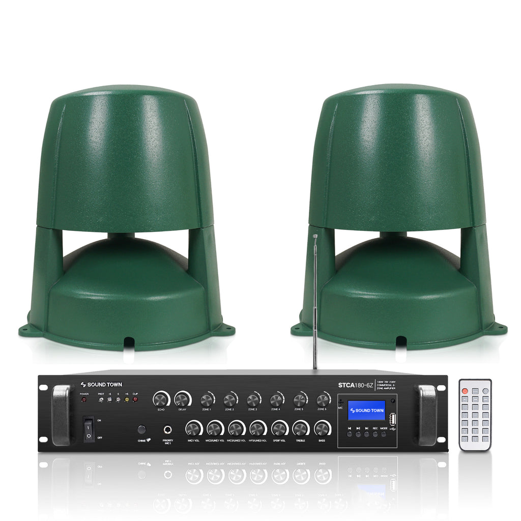 Sound Town STCA180X2OMNI62G | Commercial Residential Outdoor Speaker Amplifier Set, w/ a 6-Zone 70V/100V Amplifier w/Bluetooth, Two 6.5“ Omni Speakers, Green