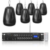 Sound Town STCA180X6PD4B | Commercial Restaurant Power Amplifier Pendant Speaker Set, w/ a 6-Zone 70V/100V Amplifier w/Bluetooth, Six 4“ Pendant Speakers, Black