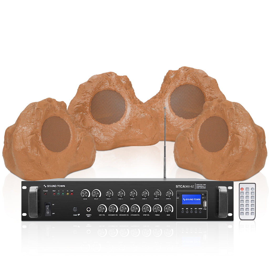 Sound Town STCA360X4RK62BR | 6-Zone 70V/100V Commercial Amplifier + 4 x 6.5" Brown Rock Speakers, for Gardens, Patios, Outdoor Dining, Theme Parks, Resorts, Zoos