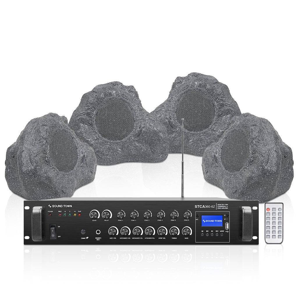 Sound Town STCA360X4RK62G | 6-Zone 70V/100V Commercial Amplifier + 4 x 6.5" Gray Rock Speakers, for Gardens, Patios, Outdoor Dining, Theme Parks, Resorts, Zoos
