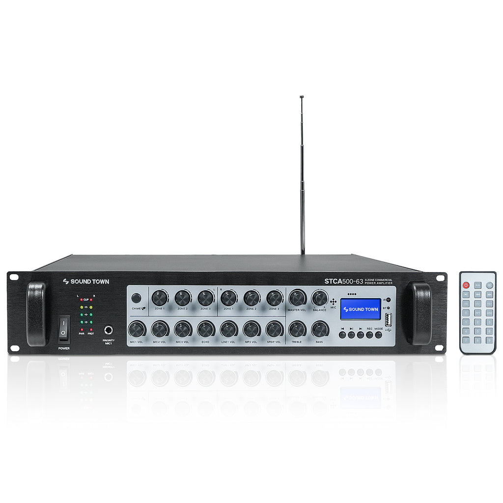 Sound Town STCA500-63-R | REFURBISHED: 500W 70V/100V Stereo/Mono 6-Zone Commercial Amplifier w/ Bluetooth, USB, Optical Input for Restaurants, Bars, Multi-Room Installation