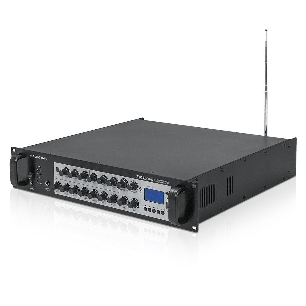 Sound Town STCA500-63-R | REFURBISHED: 500W 70V/100V Stereo/Mono 6-Zone Commercial Amplifier w/ Bluetooth, USB, Optical Input for Restaurants, Bars, Multi-Room Installation - Left View 