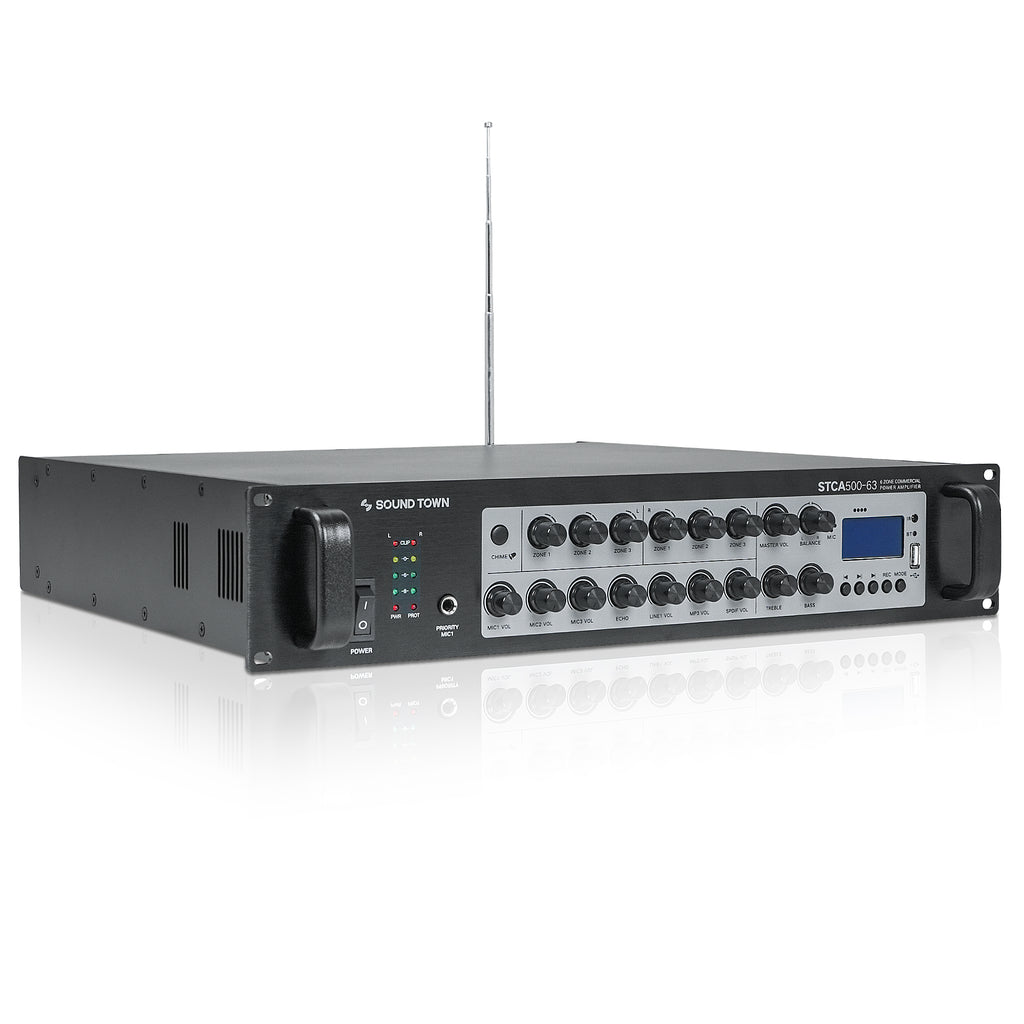 Sound Town STCA500-63-R | REFURBISHED: 500W 70V/100V Stereo/Mono 6-Zone Commercial Amplifier w/ Bluetooth, USB, Optical Input for Restaurants, Bars, Multi-Room Installation - Right Angle 