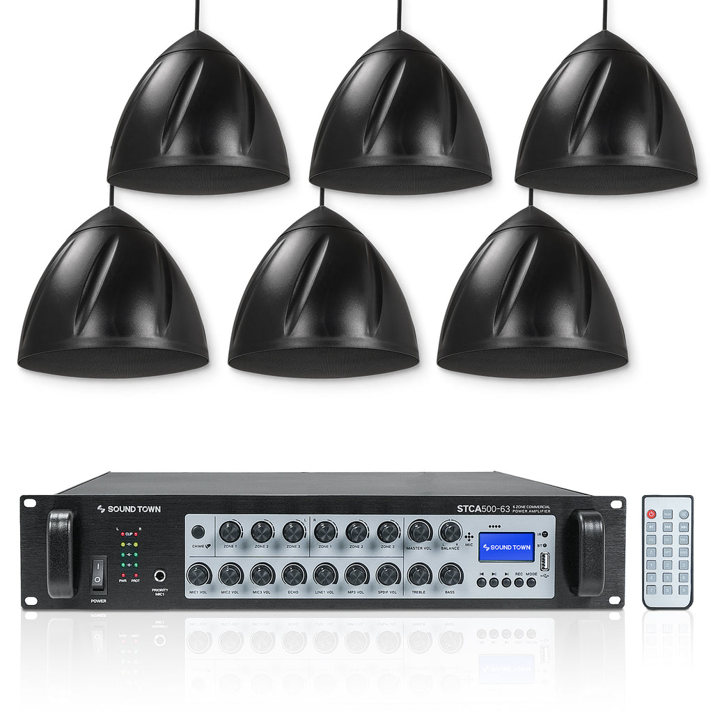 Sound Town STCA500X6LR6B | 6-Zone 70V/100V Commercial Amplifier with Bluetooth and 6 x 6.5" Weatherproof Pendant Speakers for Indoor/Outdoor Installations, Black