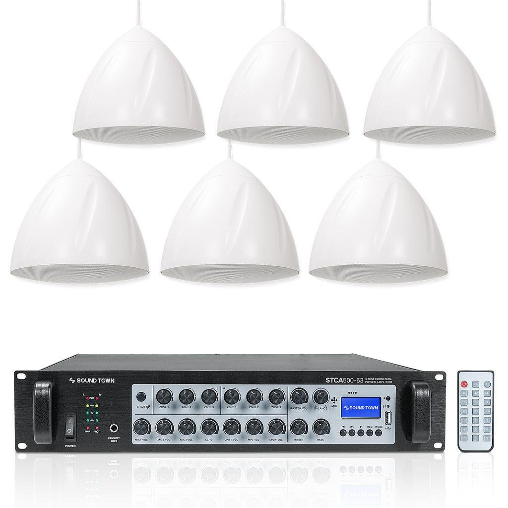 Sound Town STCA500X6LR6W | 6-Zone 70V/100V Commercial Amplifier with Bluetooth and 6 x 6.5" Weatherproof Pendant Speakers for Indoor/Outdoor Installations, White