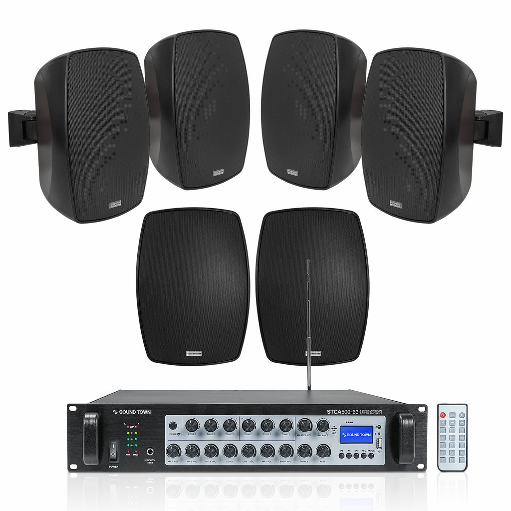 Sound Town STCA500X6VL6B | 6-Zone 70V/100V Commercial Amplifier w/ Bluetooth, 6 x 6.5" Weatherproof Surface-Mount Speakers for Indoor/Outdoor Installation, Black
