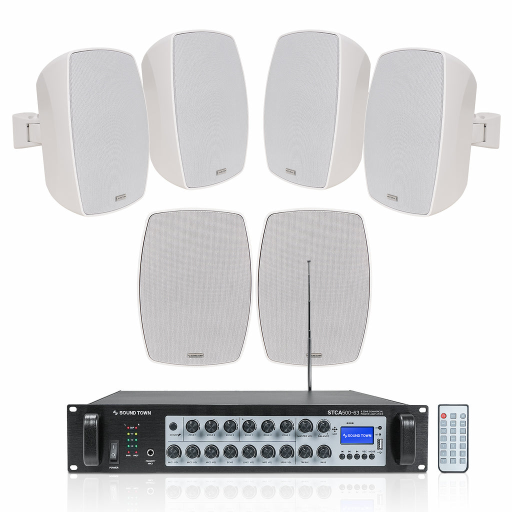 Sound Town STCA500X6VL6W | 6-Zone 70V/100V Commercial Amplifier w/ Bluetooth, 6 x 6.5" Weatherproof Surface-Mount Speakers for Indoor/Outdoor Installation, White