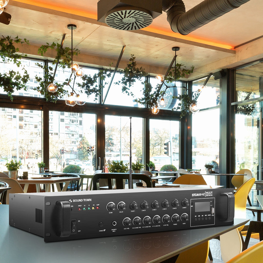 Sound Town STCA600-6Z-R | REFURBISHED: 600W 6-Zone 70V/100V Commercial Power Amplifier with Bluetooth, Optical, Phantom Power, for Restaurants, Lounges, Bars, Pubs, Schools